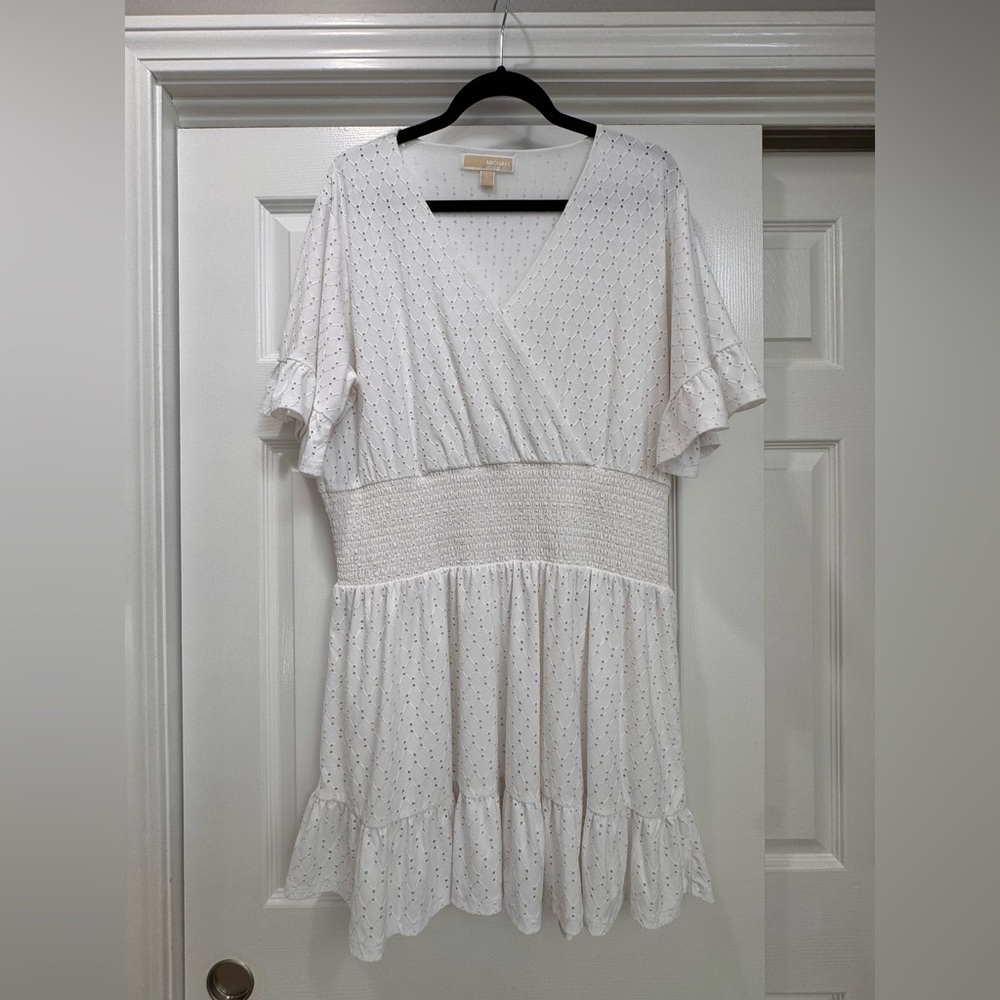 Michael Kors White eyelet smocked waist dress with Ruffle Sleeves XL NWOT!